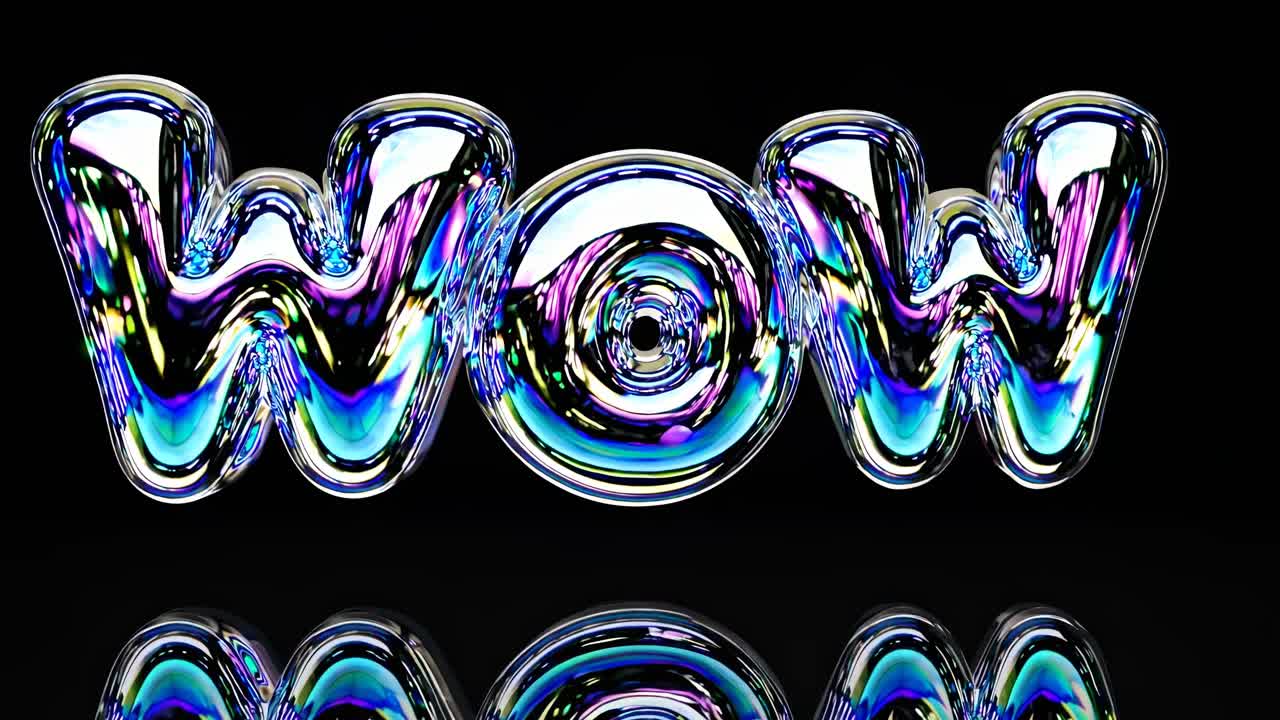 Vibrant 3D text 'WOW' with iridescent colors, reflecting on a glossy surface