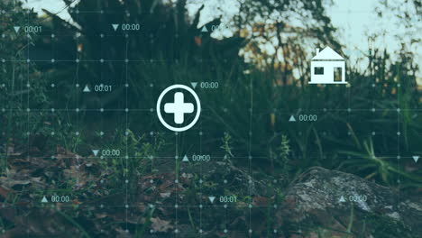 Health-and-fuel-icons-animation-over-forest-landscape-with-time-markers