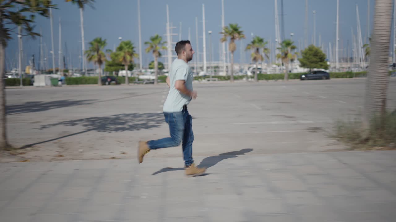 Man Running in a City Parking Lot