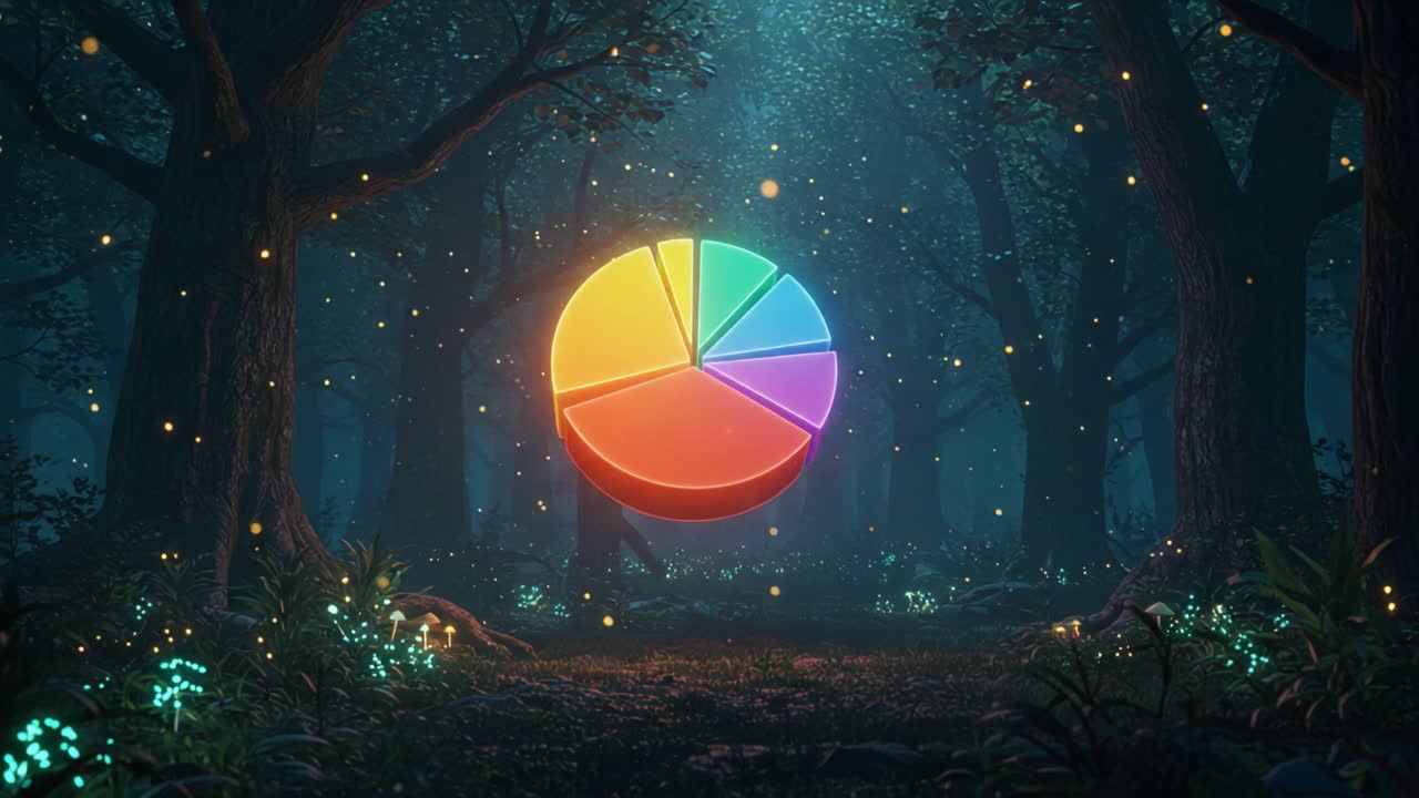 A Dynamic Pie Chart Illuminated in a Mystical Forest Setting, Capturing the Essence of Data Visualization Surrounded by Enchanted Flora and Ethereal Lighting