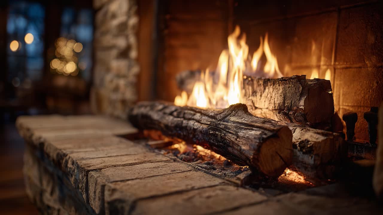 A Cozy Fireplace Scene Featuring Burning Logs and an Inviting Glow, Perfectly Captured in Two Frames to Highlight the Warm Ambiance of a Relaxing Environment