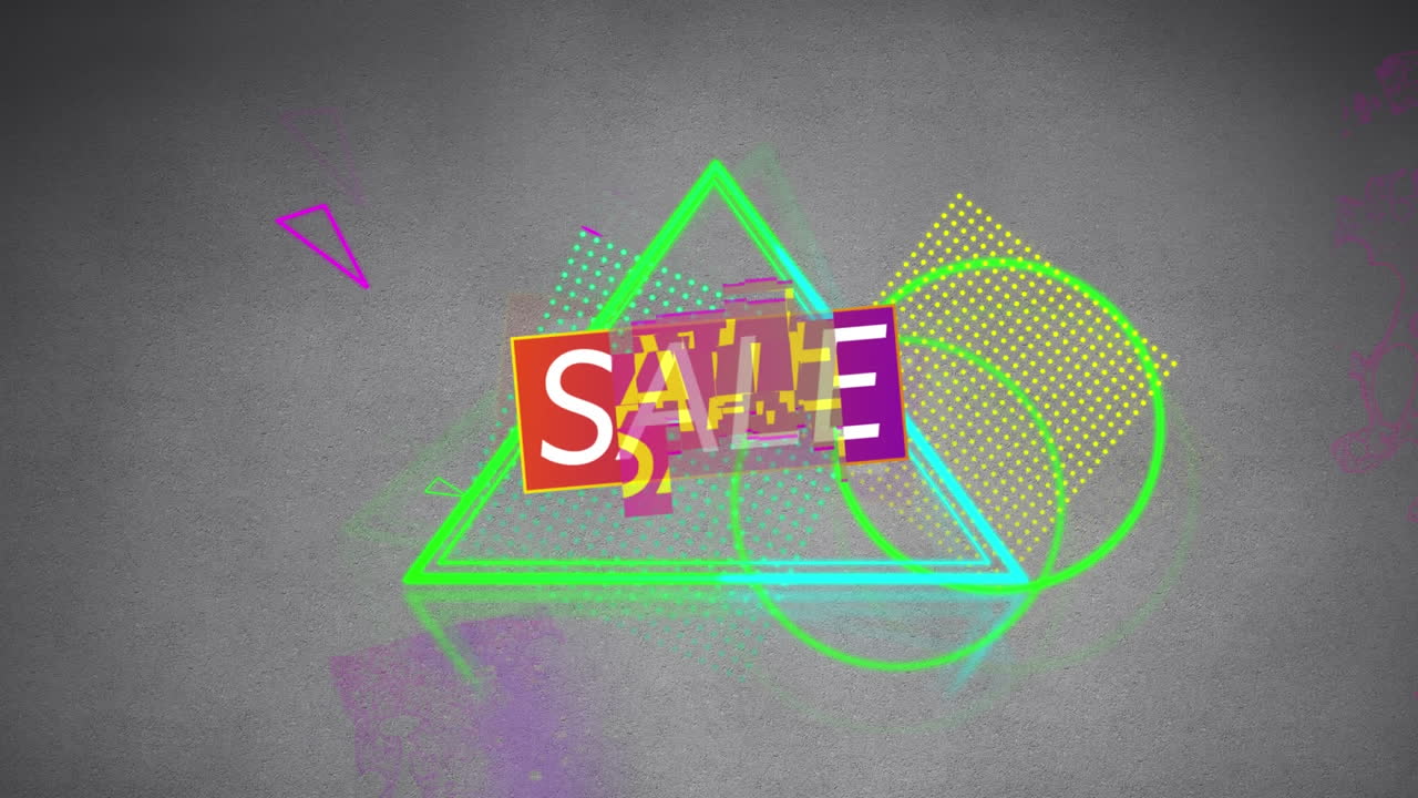 판매 그래픽과 다채로운 모양은 변화하는 회색과 분홍색 배경에 자리 잡습니다.