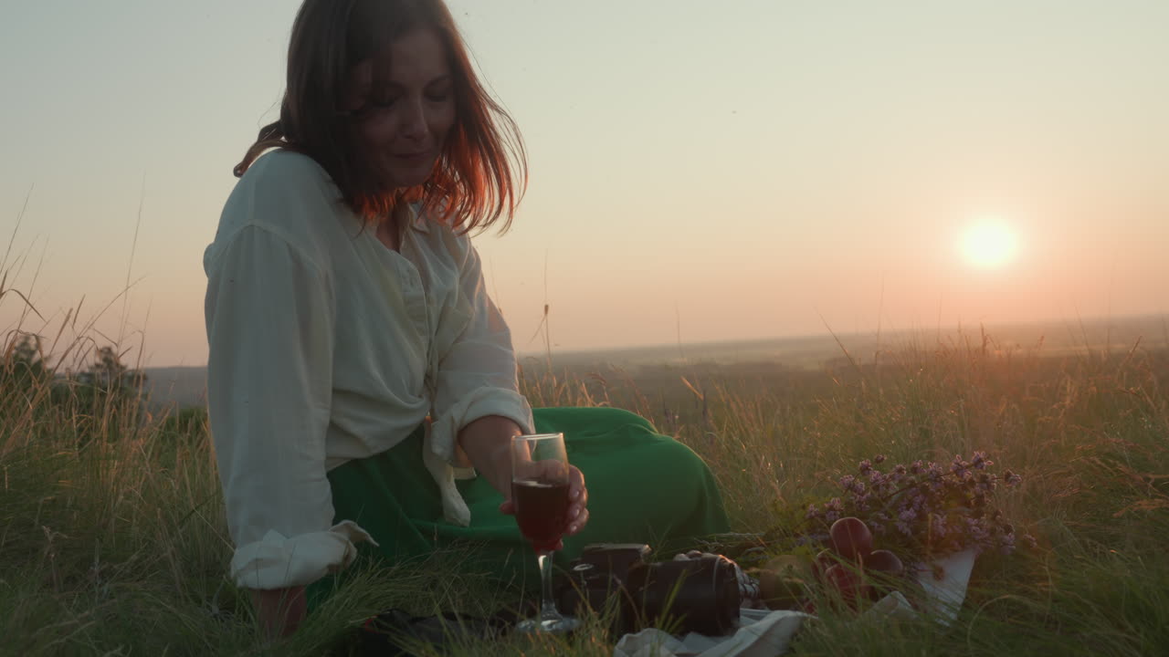 Woman seated on grassy hillside sipping red wine from glass as sun sets over forest horizon, soft light casting glow across sky and landscape creating peaceful evening mood with fruit on ground