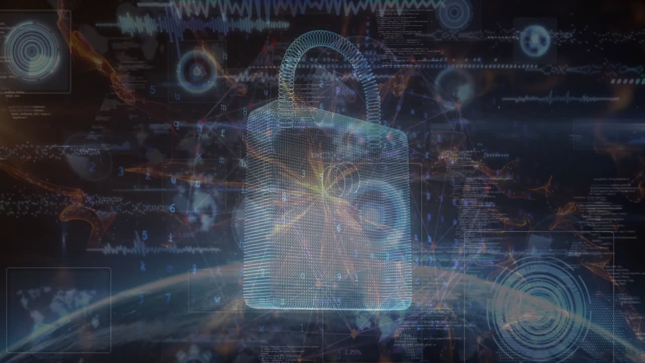 Animation of padlock, digital data processing and globe over dark background