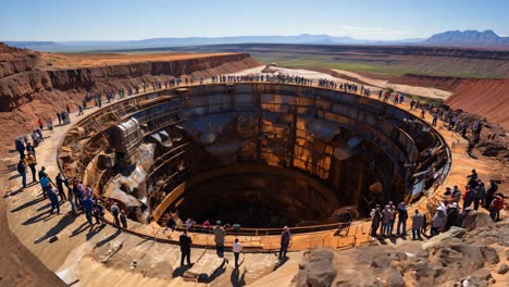 visitors gather around a massive abandoned mine in arizona on a sunny day