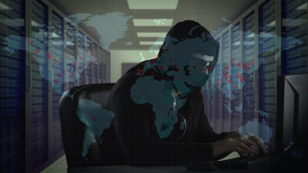 animación del mapa del mundo sobre el hacker con la computadora
