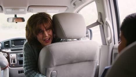 la abuela se da la vuelta a su nieto en la parte trasera del coche