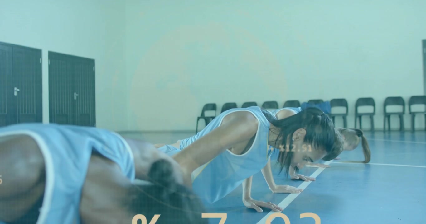 Four female athletes dropping into push-up plank on court, metrics fading in for training