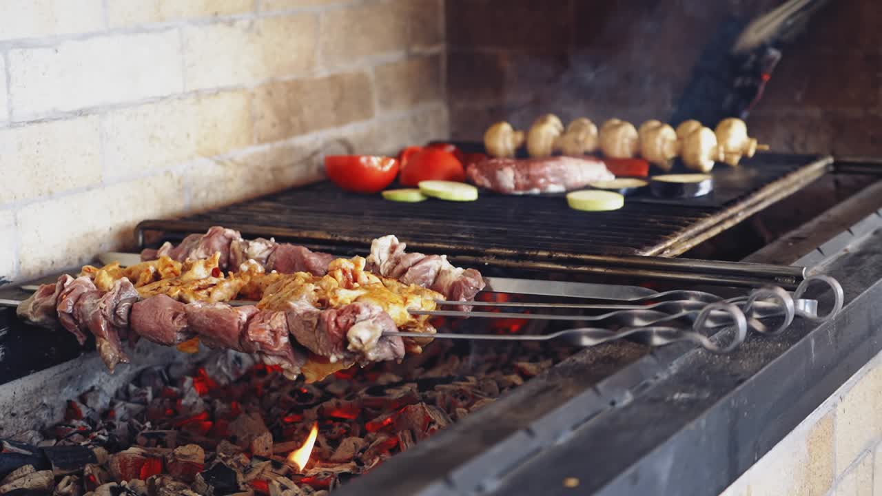 Cooking meat on fire. Grilling marinated meat on grill