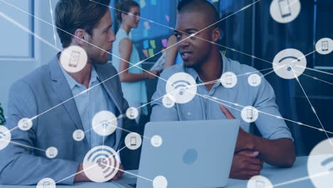 Network of connections and data processing animation over business people in office