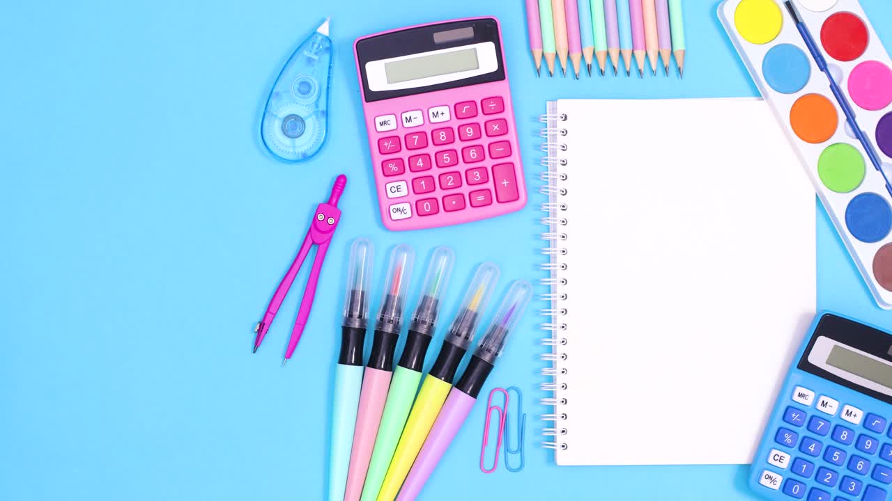 School accessories and notebook for text appear on right side of blue theme. Stop motion