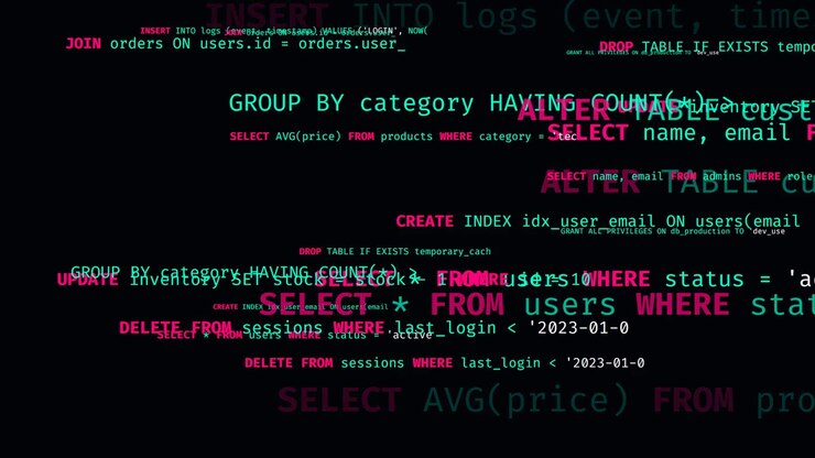 Animated SQL Database Queries and Commands on Black Background