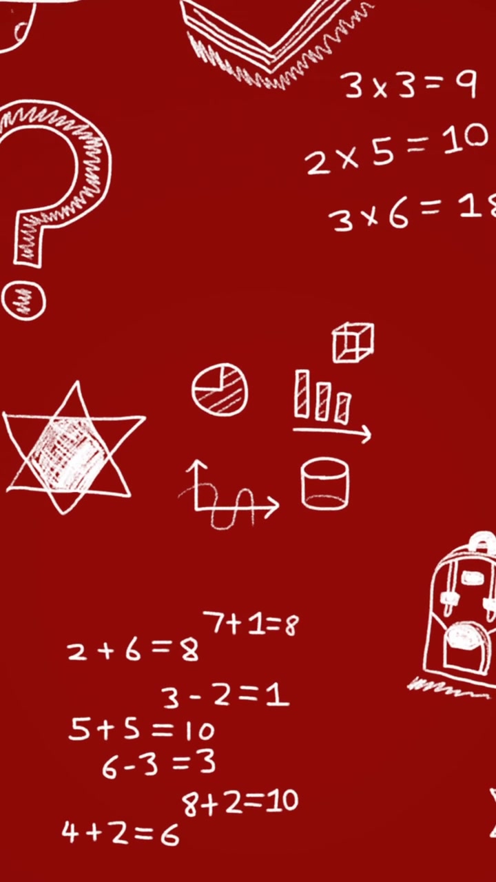 Animation of drawing of moon, stars, bulb, school supplies, rocket, mortarboard over red background