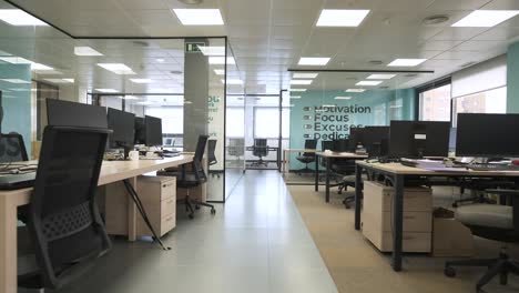 spacious office interior with computers on tables
