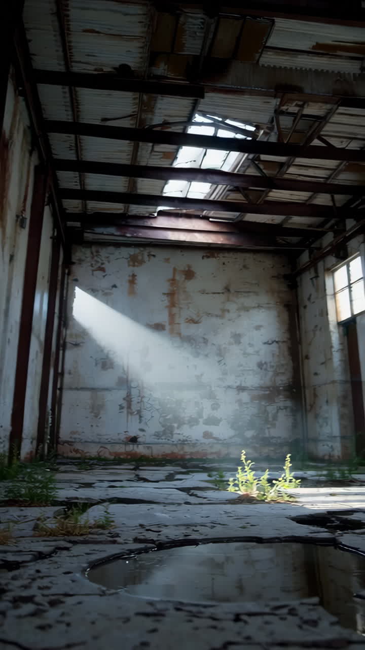 Abandoned Factory Interior with Water Puddle