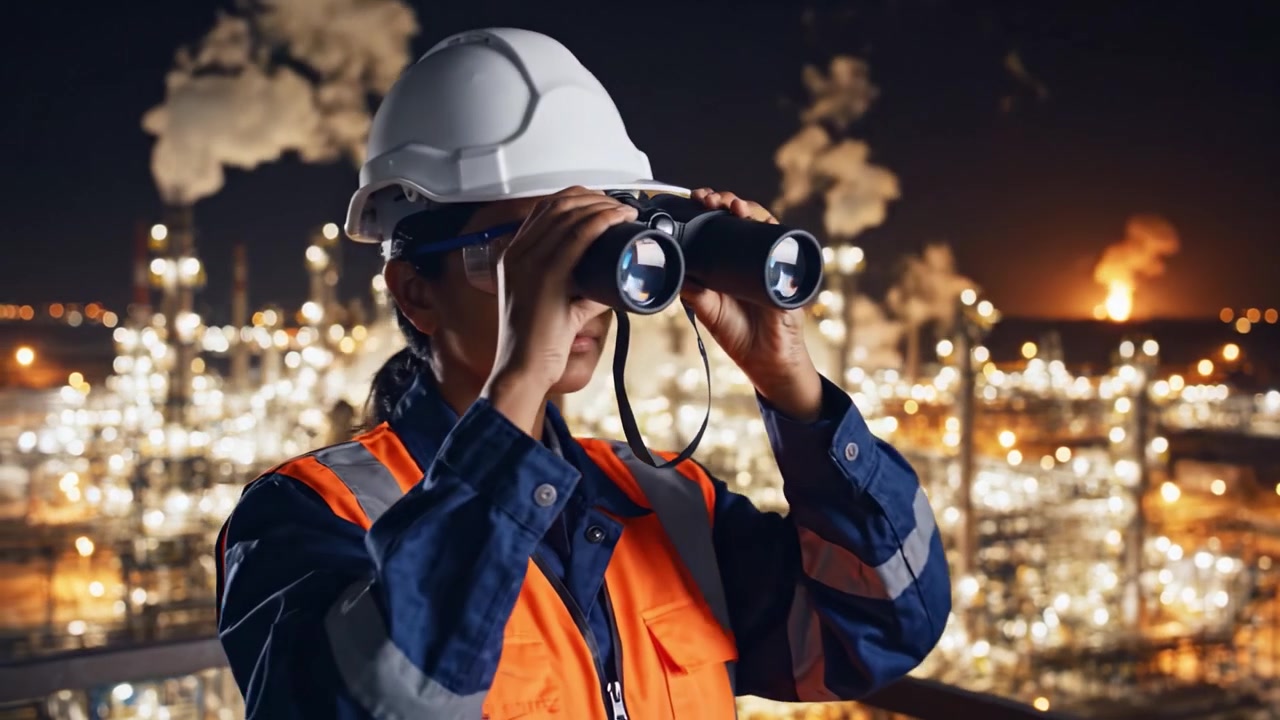 En ettertenksom arbeider i verneutstyr overvåker et travelt industrilandskap om natten, med opplyste maskiner og en stemningsfull skyline som viser avansert teknologi og fremgang.