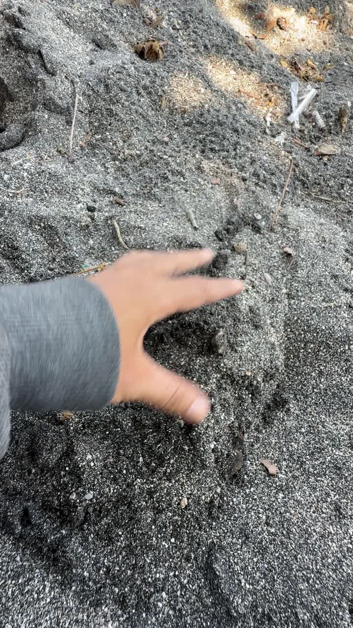 Tangan Menyaring Pasir Hitam Melalui Jari di Pantai