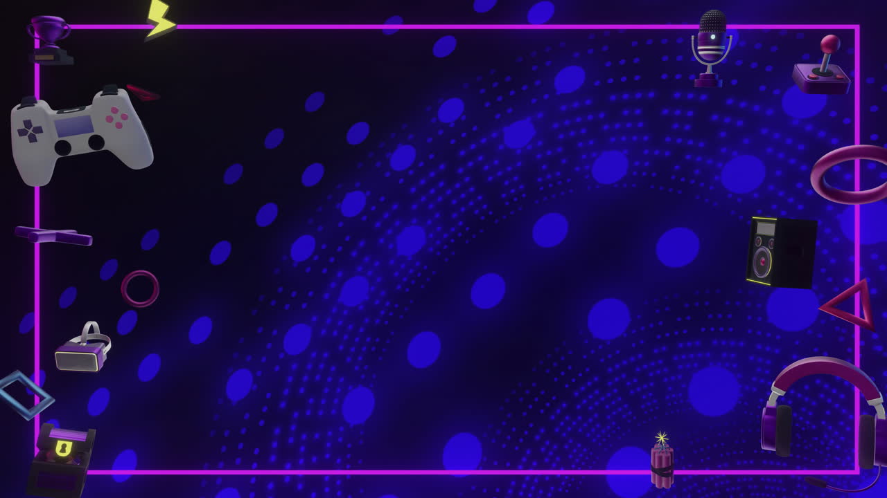 Animation of game controllers, icons and pink frame over flashing coils of blue lights
