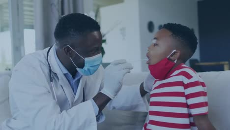 animation of molecules over happy african american doctor in face mask testing boy for covid 19