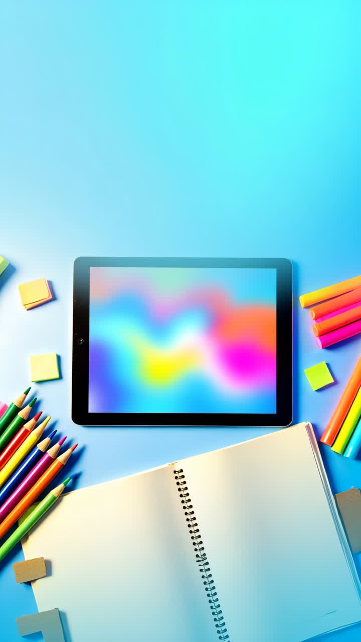 Digital Learning and Creative Workspace with Tablet and Art Supplies