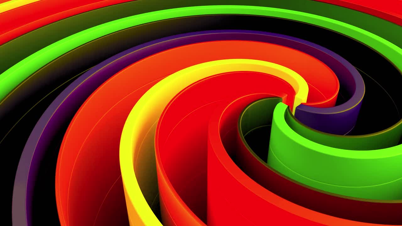 Levendige abstracte spiraalanimatie met draaiende kleurrijke banden