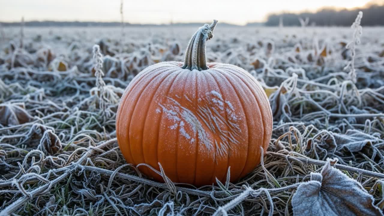 A Stunning Autumn Scene Featuring a Frosted Pumpkin Nestled in a Frozen Field, Capturing the Essence of Seasonal Change and Nature's Beauty in the Morning Light