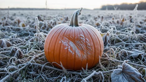 a stunning autumn scene featuring a frosted pumpkin nestled in a frozen field, capturing the essence of seasonal change and nature's beauty in the morning light