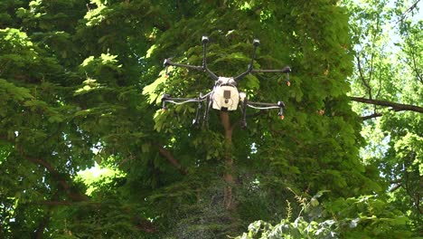 drone spraying water and fertilizer on to property with green trees and agricultural field