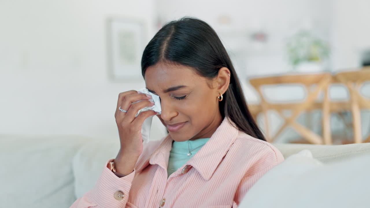 mujer, depresión y llorando en el sofá por noticias tristes