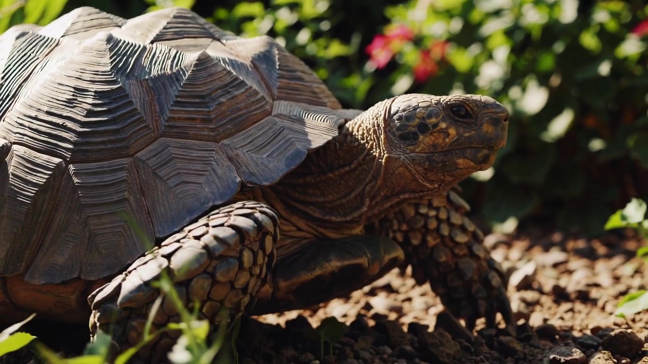 Large Tortoise Walking Slowly Through a Sunny Garden