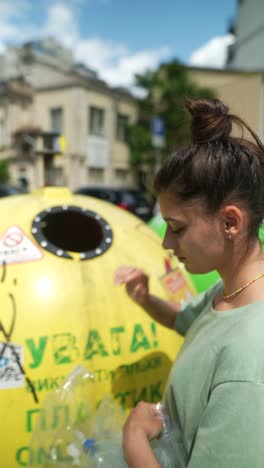 woman recycling plastic at public recycling bin