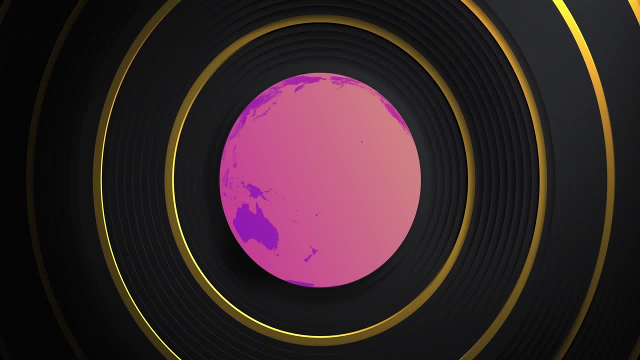 animación de un globo rosa girando sobre anillos de oro sobre un fondo negro