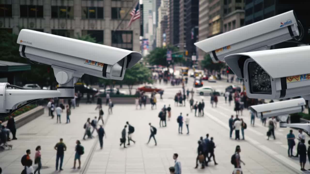 Surveillance Cameras Overseeing a Bustling Urban Intersection: A Glimpse into Modern Public Safety and Monitoring Practices in Busy City Environments