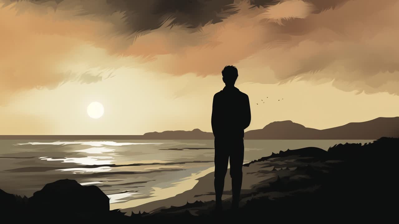 해변에 서서 해가 지는 것을 보는 남자