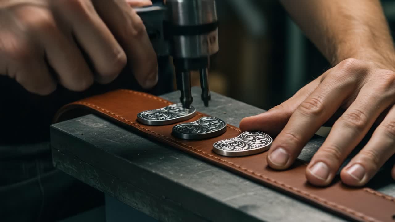 A Skilled Artisan Engages in Handcrafted Leatherworking, Perfecting Techniques with Decorative Metal Embellishments on a Leather Strap in a Workshop Environment