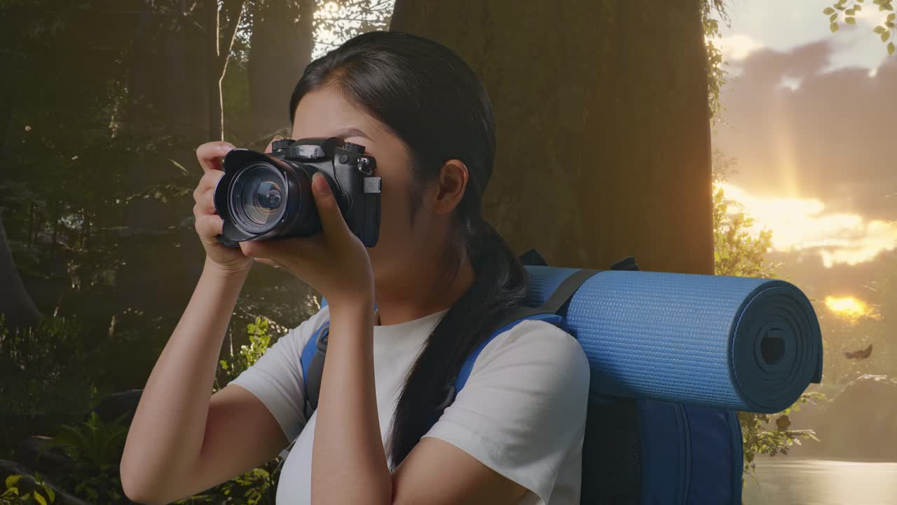 산악 배을 들고 있는 아시아 여성 하이커가 숲의 자연을 탐험하는 동안 사진을 찍는 카메라를 사용한다.