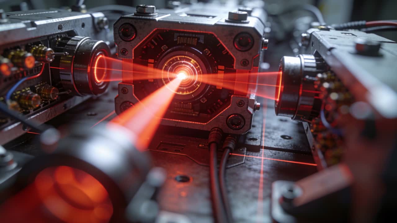 Starting red beam from emitter centering octagon housing on lab bench, showing rings for alignment
