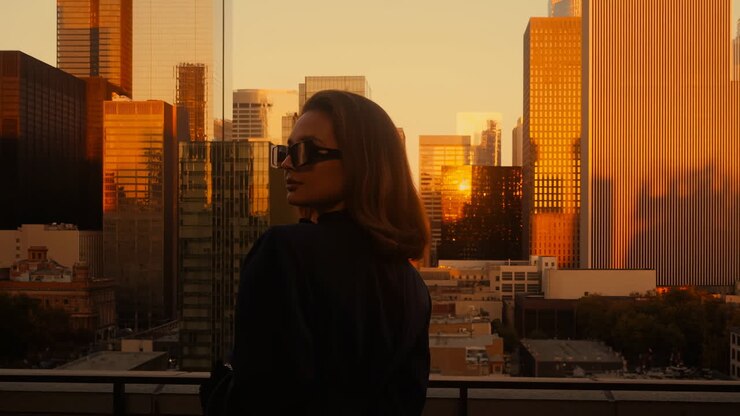 Telhado Com Horizonte ao Pôr do Sol e Mulher Caucasiana de Óculos de Sol, Influenciadora de Moda Posando Contra Vidro Dourado
