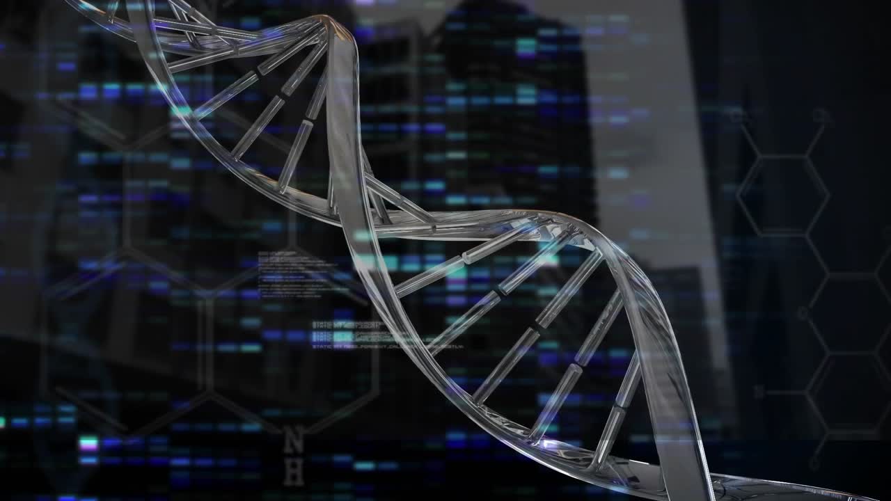 Metallic DNA helix appearing against dark skyline rotating clockwise pulsing syncing data visuals