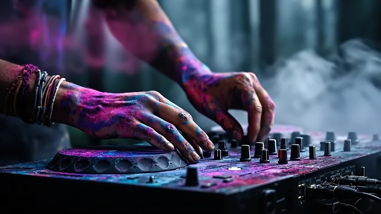 A person with colorful paint on their hands playing a dj mixer