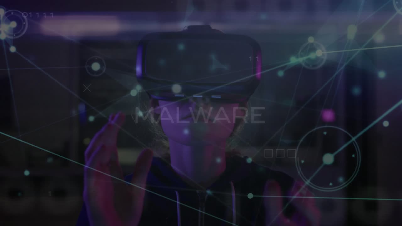 Woman wearing VR headset in lab watching malware network materializing and interacting with nodes