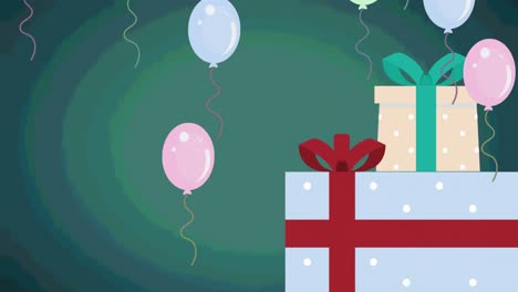 Animation-Von-Luftballons,-Die-über-Geschenken-Auf-Grünem-Hintergrund-Schweben