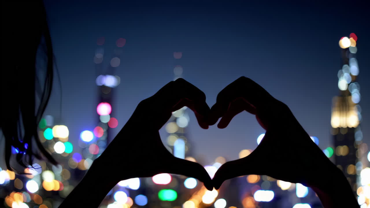 Heart Shape Hands Over City Lights at Night