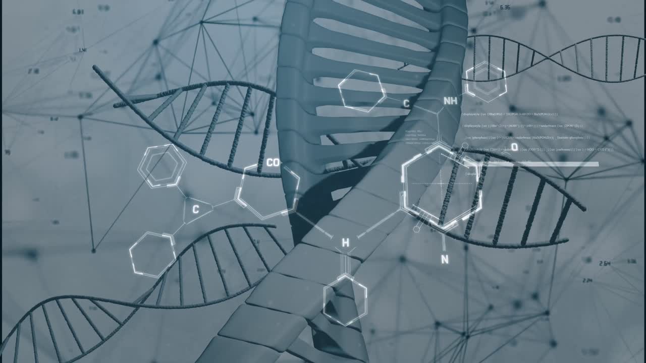 Animation of chemical structures over dna strands spinning on white background