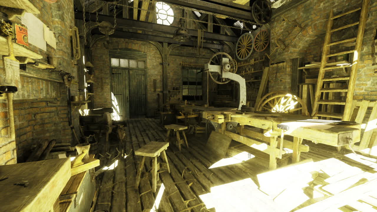 Studio inondato di sole che mostra attrezzi per la lavorazione del legno e artigianato meticoloso.