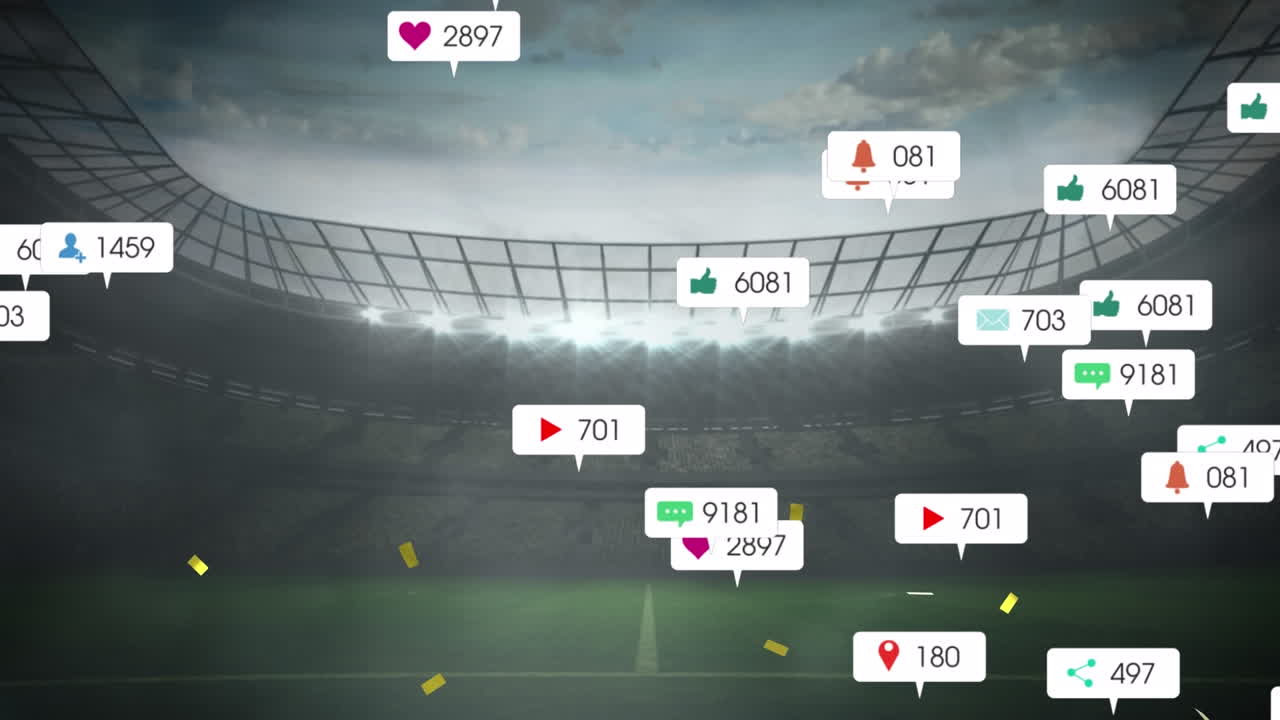 스포츠 경기장에 떨어지는 여러 미디어 아이콘과 황금 콘페티의 애니메이션