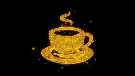 cup of tea icon sparks particles on black background.