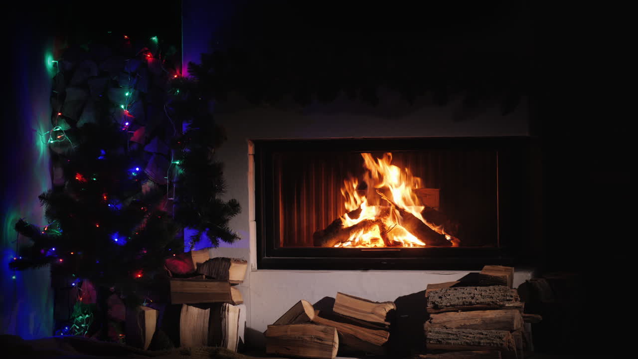 새해 나무 근처에서 크리스마스로 장식된 불타는 벽난로