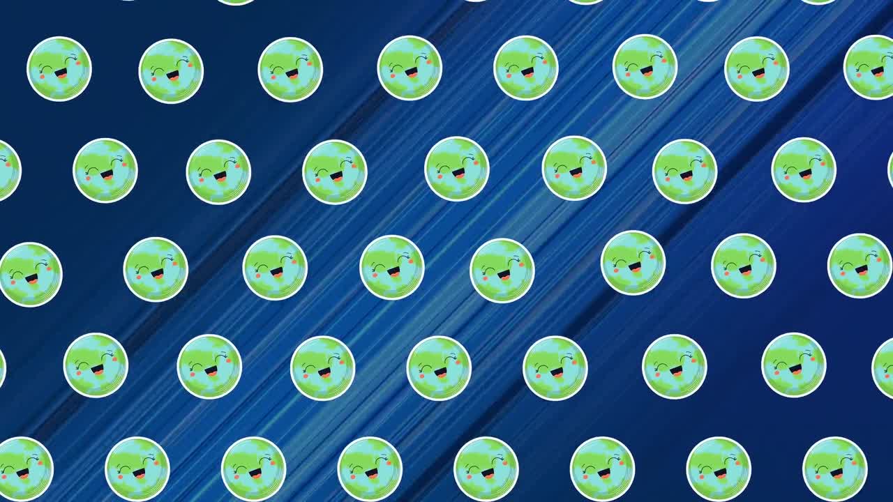 Animation of smiling globes icons over blue lines