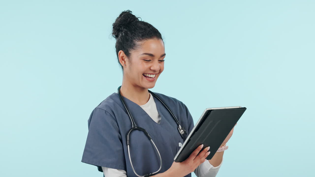 Doctor, happy woman and tablet for healthcare